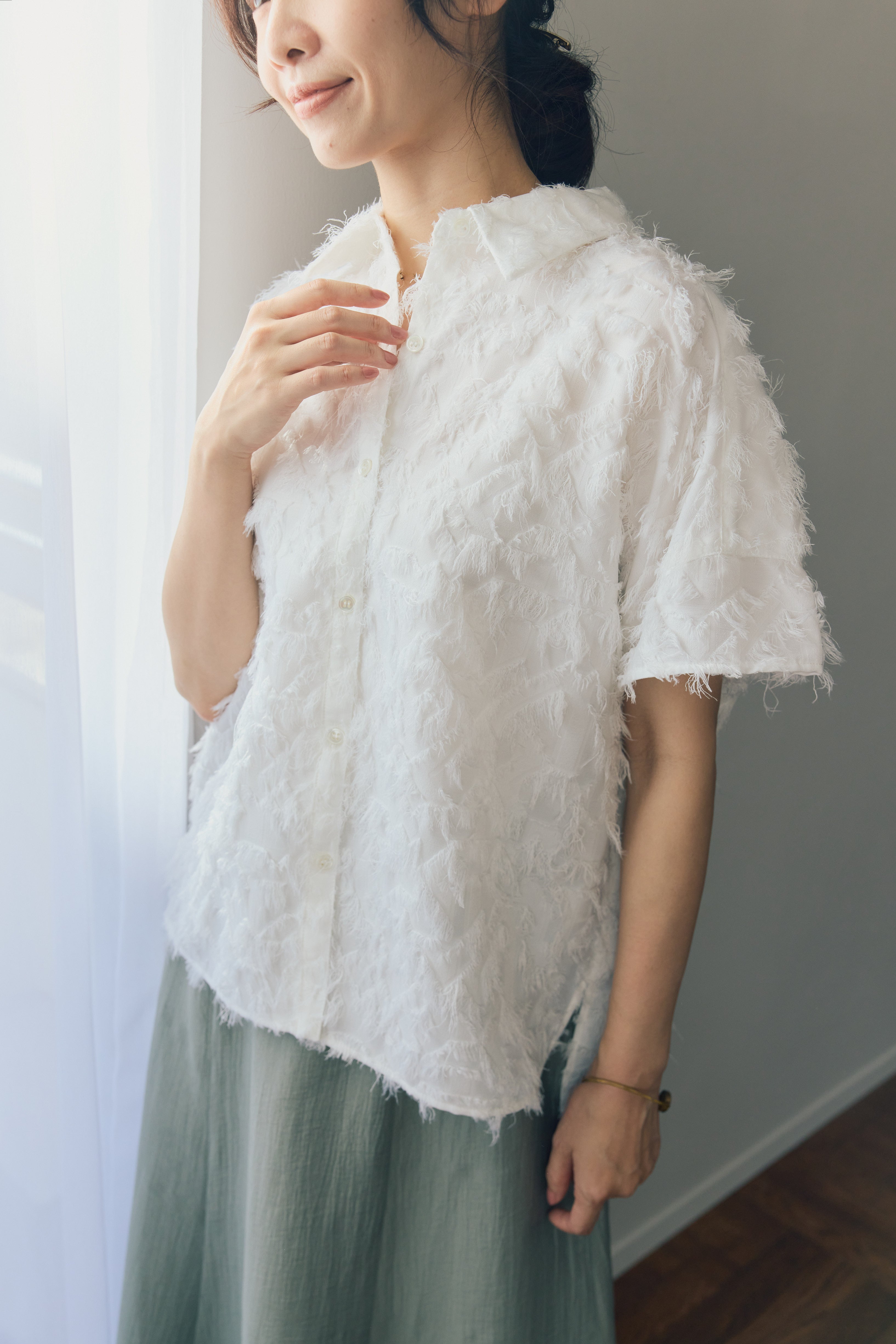 Cut Jacquard Cap Sleeve Shirt