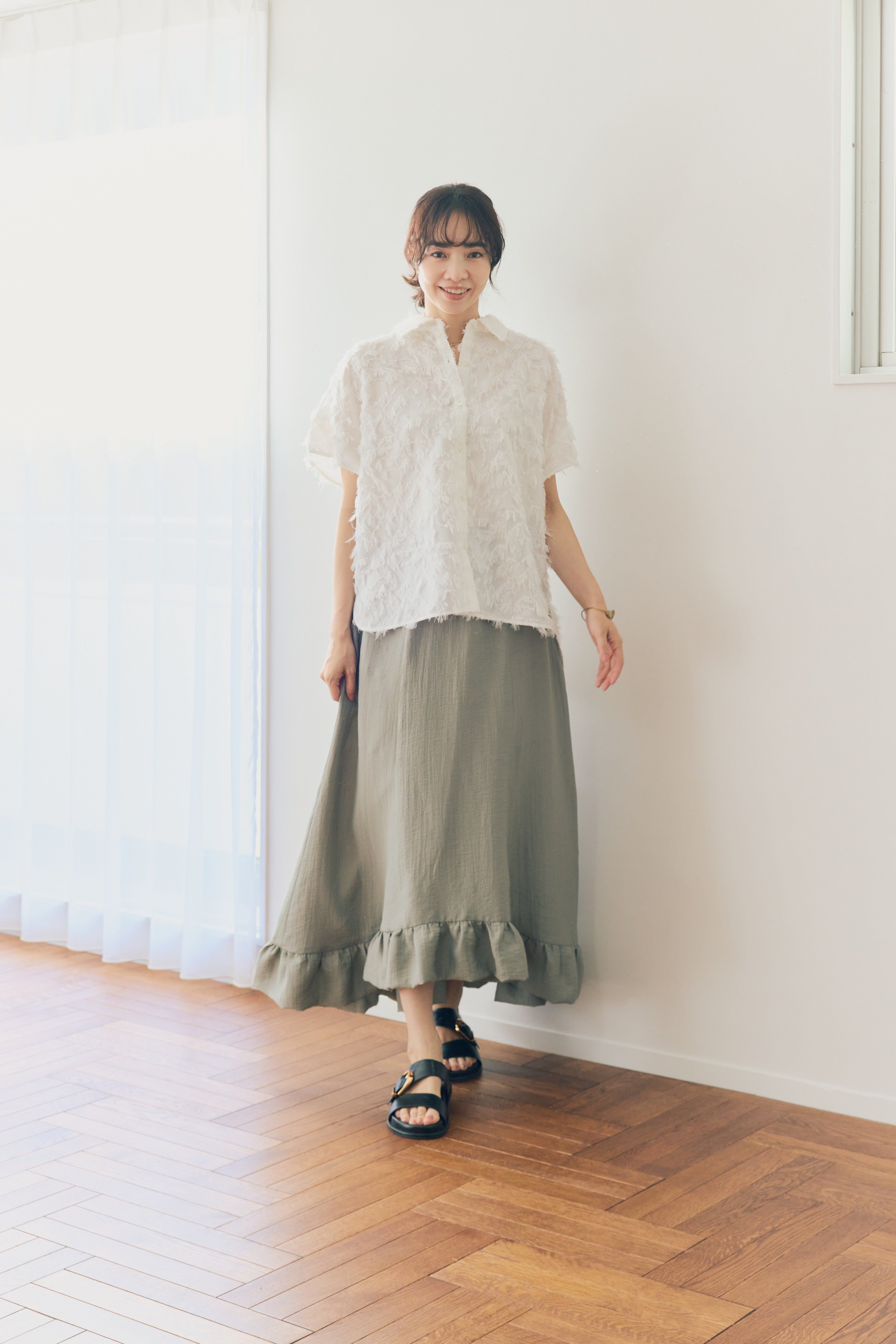 Cut Jacquard Cap Sleeve Shirt